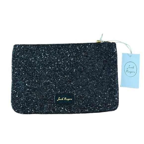 Jack Rogers Sparkle Pouch Zipper Glitter Clutch Simple Black Evening Bag New - Picture 1 of 9